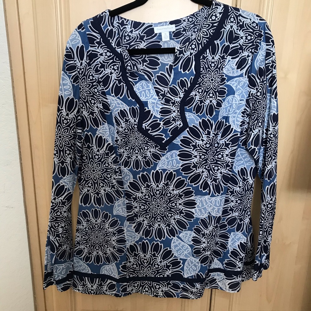 Womens Charter Club Blue White Vneck Tunic Long Sleeve blouse top size 16
